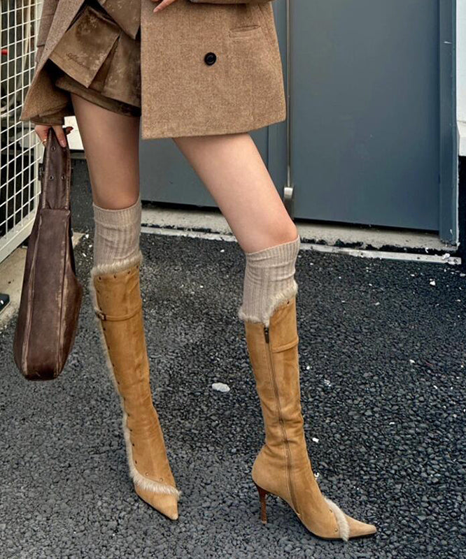 Aiertu  Fine Splicing Stiletto Boots Yellow Suede Fuzzy Wool Lined Pointed Toe Aiertu