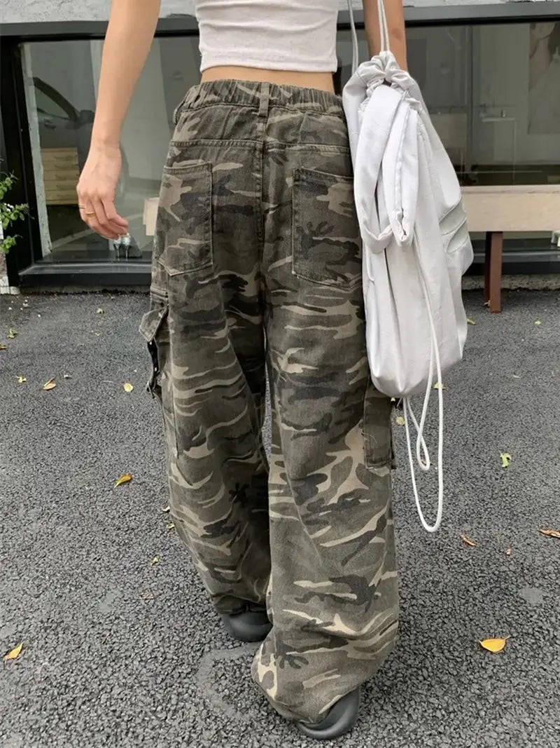 Aiertu  -  American Retro Distressed Camouflage Overalls Stylish High Street Straight Jeans Baggy Jeans Harajuku Y2k Hot Girl Trousers Aiertu