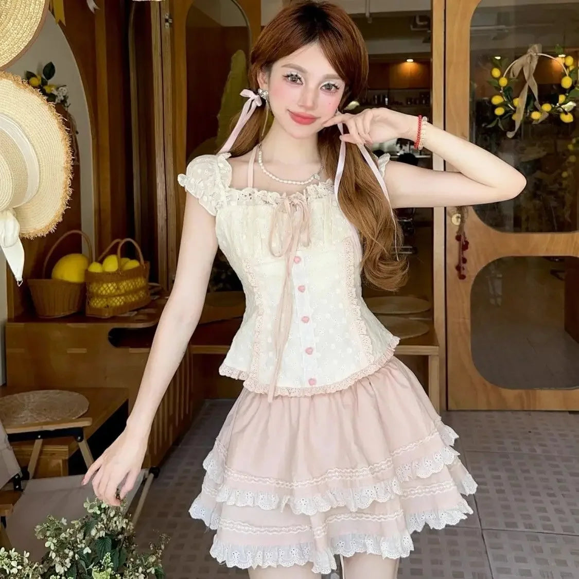 Aiertu  -   Summer Sweet Girls Two Piece Skirt Sets Lace Splicing Puff Sleeve Slim Shirt Tops + High Waist A Line Mini Skirt Outfits Aiertu