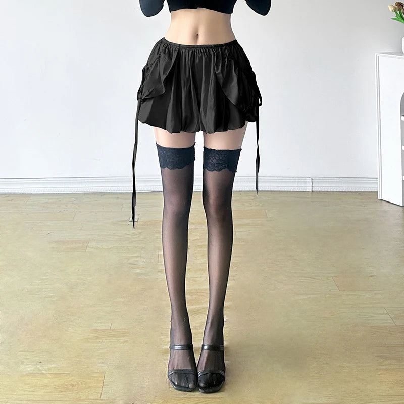 Aiertu  -  Y2K Sweet Cool Mini Bud Skirt Hottie Girls Low Waisted Fake Pocket Lacing Satin Bubble Half Skirt Fashion Casual Daily Wear Aiertu