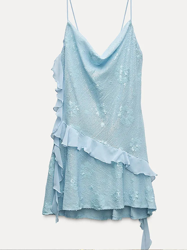 Aiertu  -  Blue Sequins Ruffles Sling Mini Dress Women Sexy Swinging Neck Backless Sleeveless Sling Dresses Fashion New Lady Evening Robes Aiertu