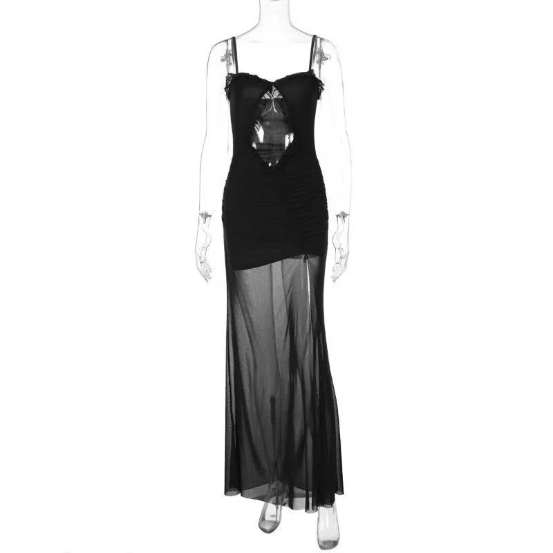 Aiertu  -  2025 Spring Hollow Out Ruffles Mesh Camisole Maxi Dress Women Sexy Strapless Spaghetti Straps Backless Ruched Party Long Robe Aiertu