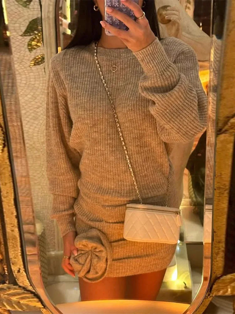 Aiertu  -  Knit Solid Women Sweater Set Straight High Waist Lady Skirts Sets 2025 Fashion Elegant Ribbed Full Sleeve 3D Flower Female Suit Aiertu