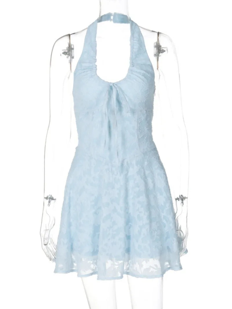 Aiertu  -  Woman Clothes Sexy Halter Neck Backless Floral Zip-up Blue Short Dress Female Summer Lace-up Tunics A-line Holiday Party Dresses Aiertu