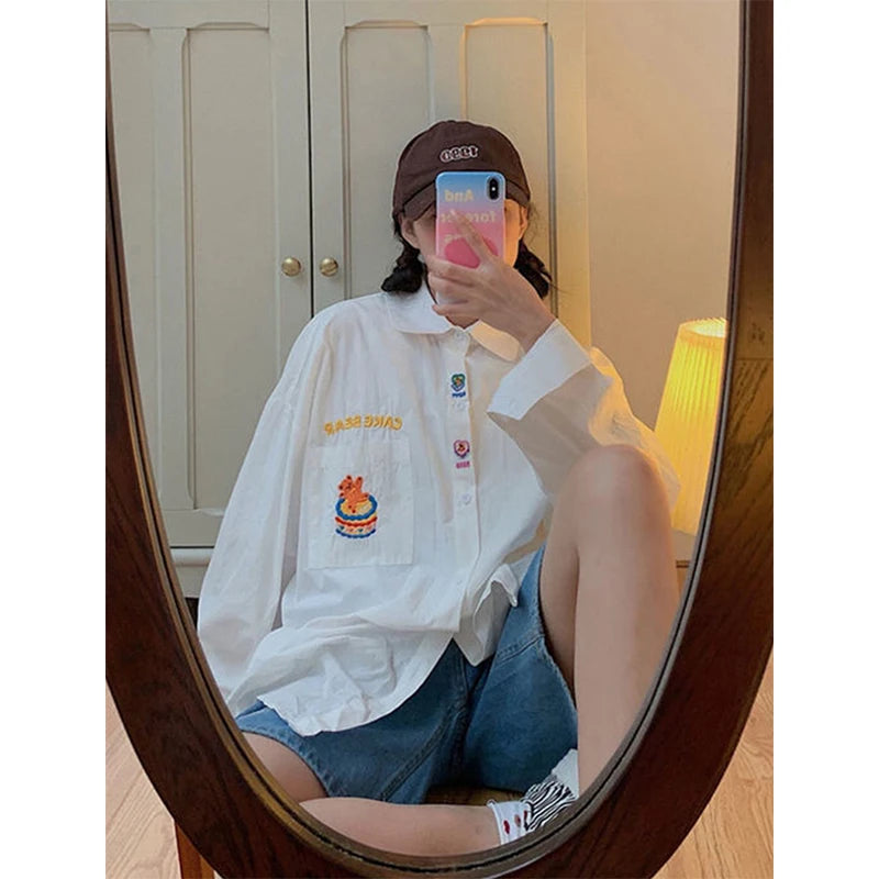 Aiertu Harajuku Cartoon Shirts Women Streetwear White Embroidery Oversized Blouses Vintage Japanese Long Sleeve Casual Tops New Aiertu