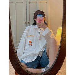 Aiertu Harajuku Cartoon Shirts Women Streetwear White Embroidery Oversized Blouses Vintage Japanese Long Sleeve Casual Tops New Aiertu
