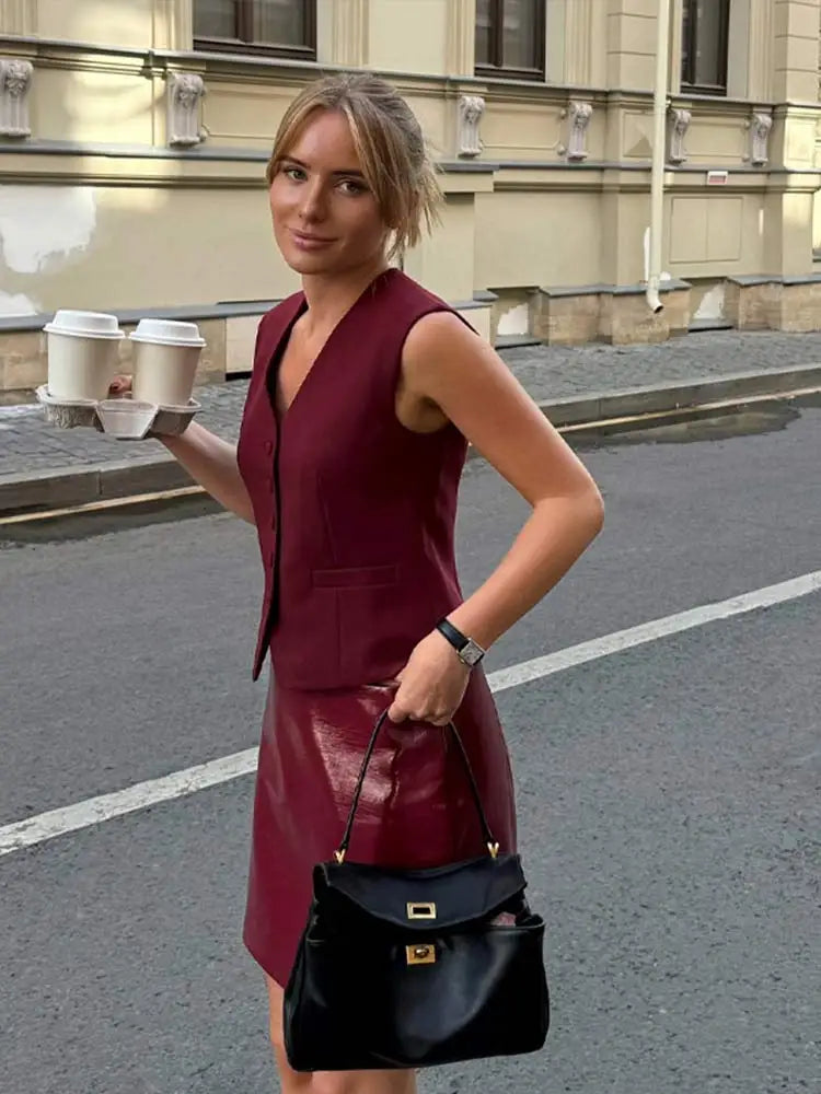 Aiertu  -  Women Sexy Bodycon Pu Leather Mini Skirt Fashion Wine Red High Waist Zipper Streetwear Autumn New Lady Office Commute Skirts Aiertu