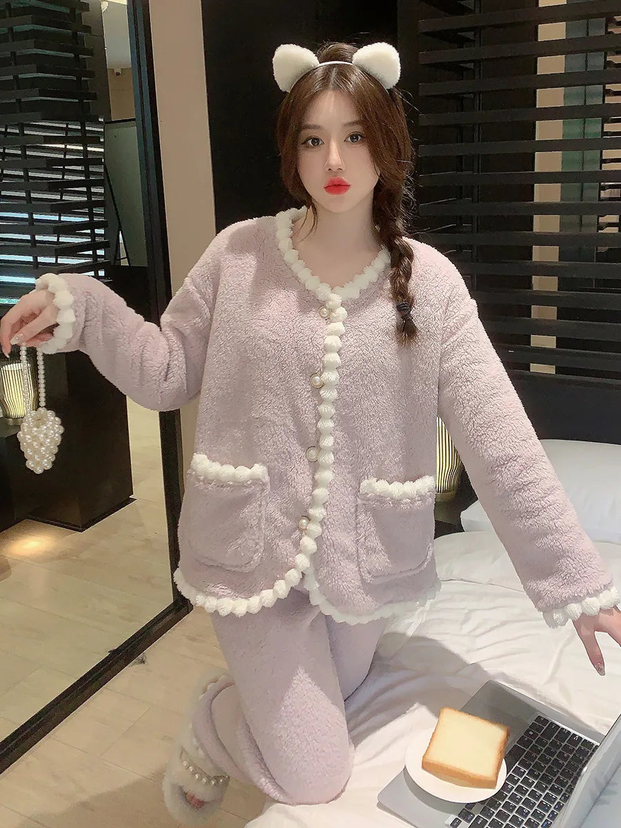 Aiertu  -  Pajama Sets Women Nightwear Stylish Cozy Ins Ladies Sweet Popular Winter Warm Sleepwear Lounge Simple Lovely Harajuku Patchwork Aiertu