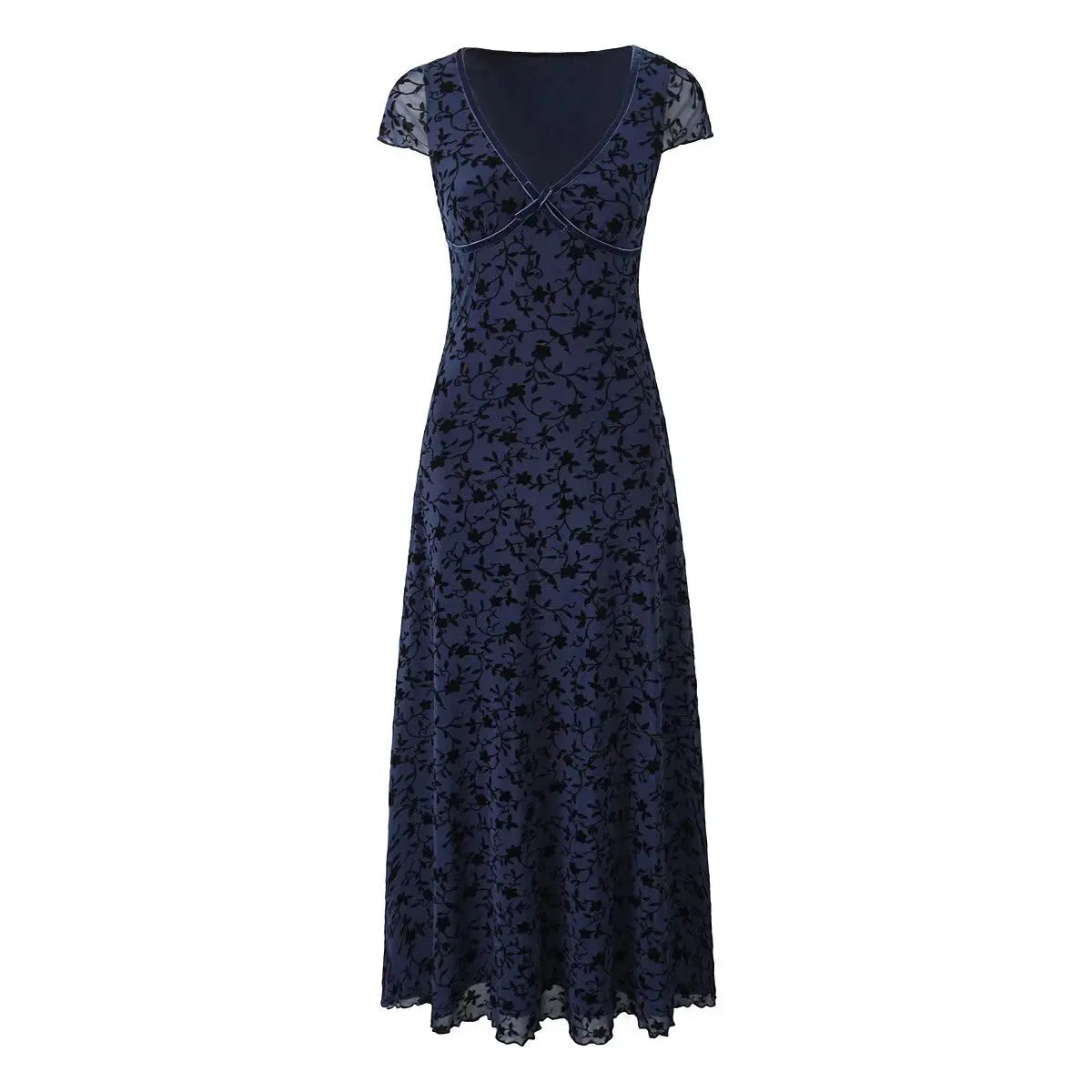 Aiertu  -  Summer Women Navy Blue Short Sleeve V Neck Floral Print Dress High Waist A-line Midi Mesh Vintage Dresses French Style Robe Aiertu