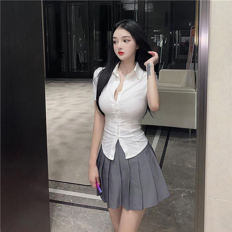 Aiertu Short Sleeve Shirt Women Sexy Slim White Button Blouse Office Lady Korea Fashion Summer Chic Turn Down Collar Shirts Top Aiertu