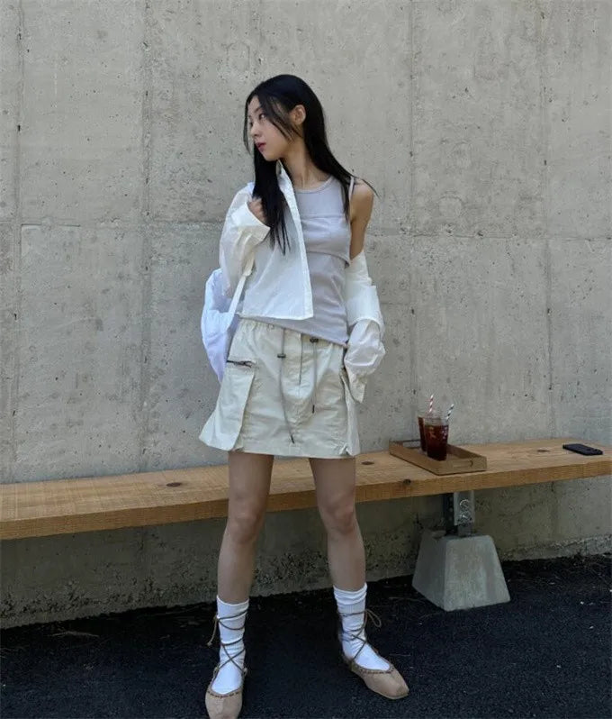 Aiertu  -  Spice Girls High Street Drawstring Elastic Waist All Match Mini Skirt korean Summer New Fashion Double Pocket Skirts for Women Aiertu