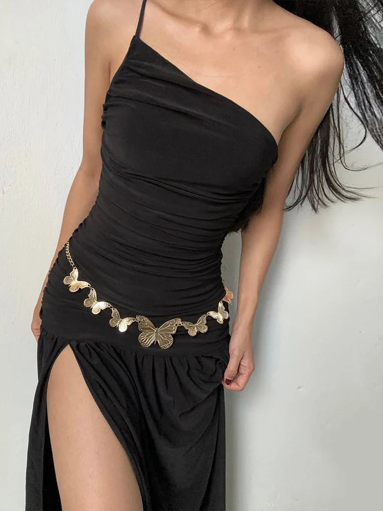 Aiertu  -  Summer High Slits Temperament Dress Biased Collar Backless Folds Skinny Sleeveless Vacation Beach Party Classic Vestidos Aiertu