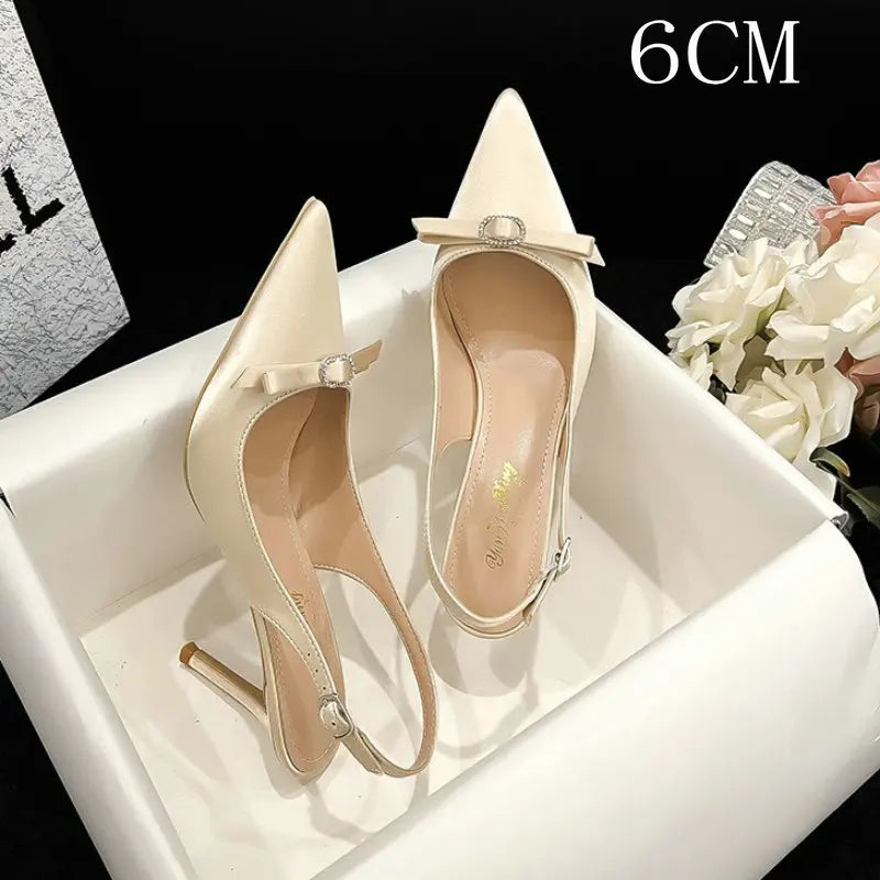 Aiertu  -  New Summer Women'S Sandals Thin Heel Pointy Bao Head Champagne Satin Fashion Korean Version After Autumn Empty Heels Aiertu