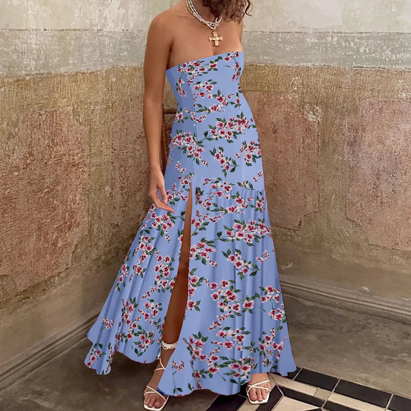 Aiertu  -  Summer Sexy Strapless High Waist Bohemian Dress Casual Backless Beach Long Dresses Floral Print Pleated Split Women's Dress Aiertu