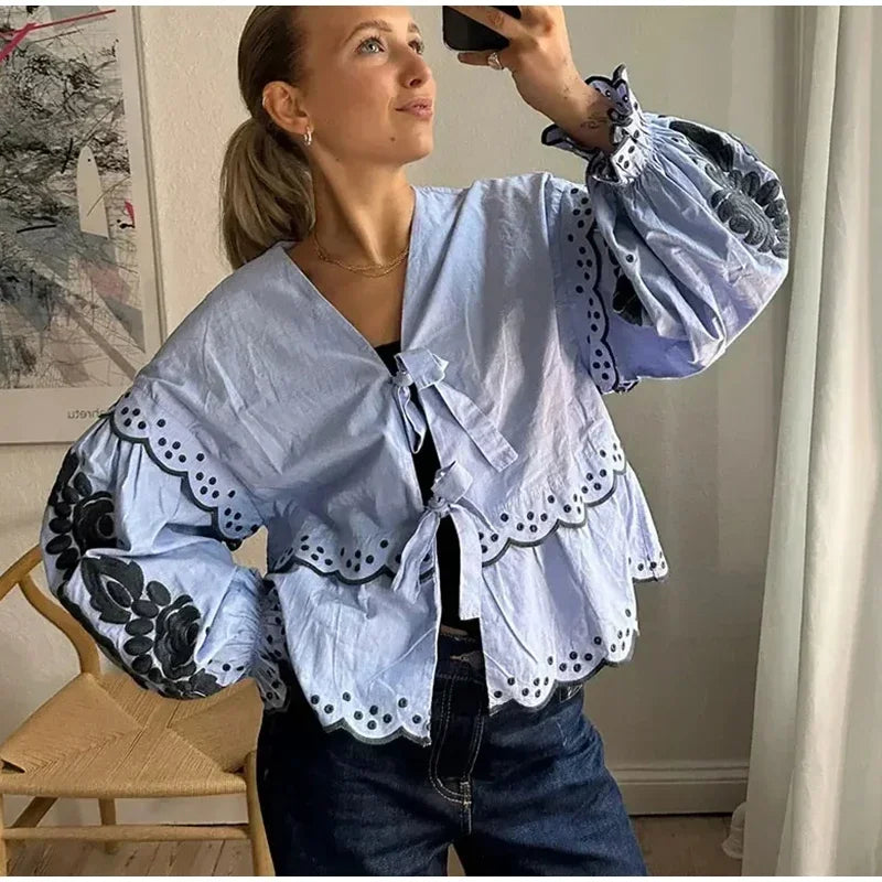 Aiertu  -  Casual Lace Up Women Embroidery Blouse V-neck Lantern Sleeve Blouse Wave Cut Eyelet Female Tops 2026 Spring Fashion Female Tops Aiertu