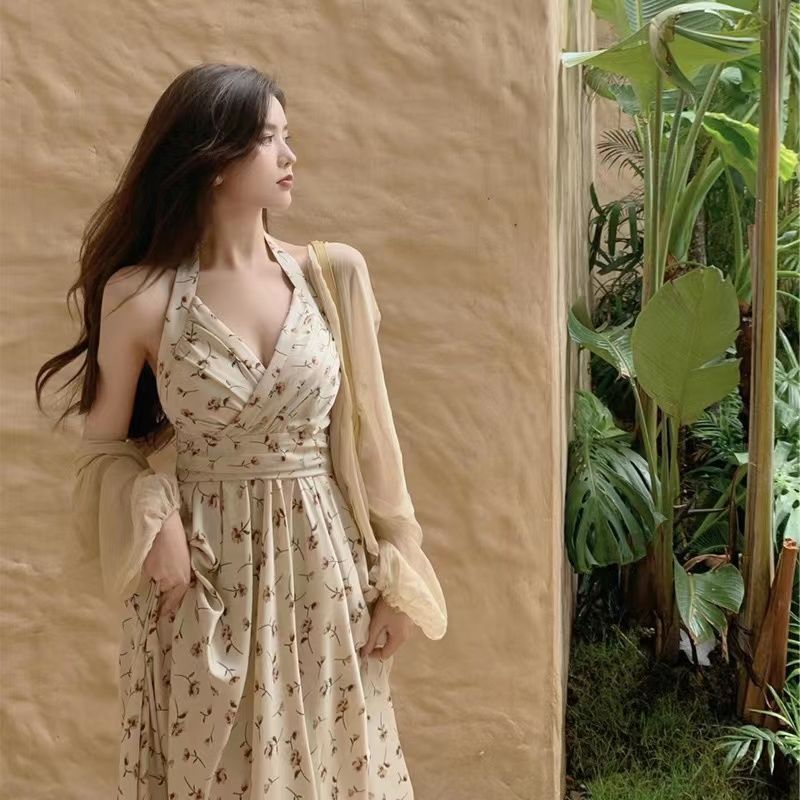Aiertu Thin Hot Girl Summer Hanging Neck Type Broken Flowers In The Long Skirt Fairy Temperament French Accept Waist Dress-Outfit Ideas Aiertu