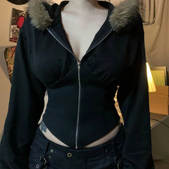 Aiertu  -  Black Hoodies Womens 2000s Clothes Y2k Hooded Sweatshirts With Fur Streetwear Zip Up Cropped Jacket Grunge Corest Top Aiertu