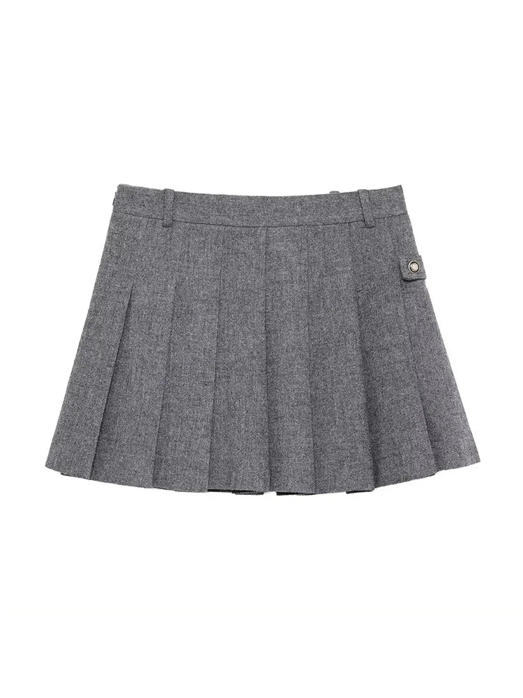 Aiertu  Women Fashion Grey Pleated Side Zipper Mini Skirt Vintage High Waist A-Line Female Chic Lady Skirts Aiertu