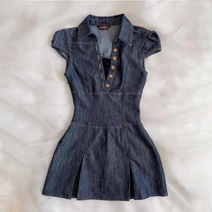 Aiertu  -  Spicy Girl Retro Denim Dress 2025 Summer Y2k Short Sleeve Button Streetwear Fashion Slim Fit Short Dresses Women's Mini Skirt Aiertu