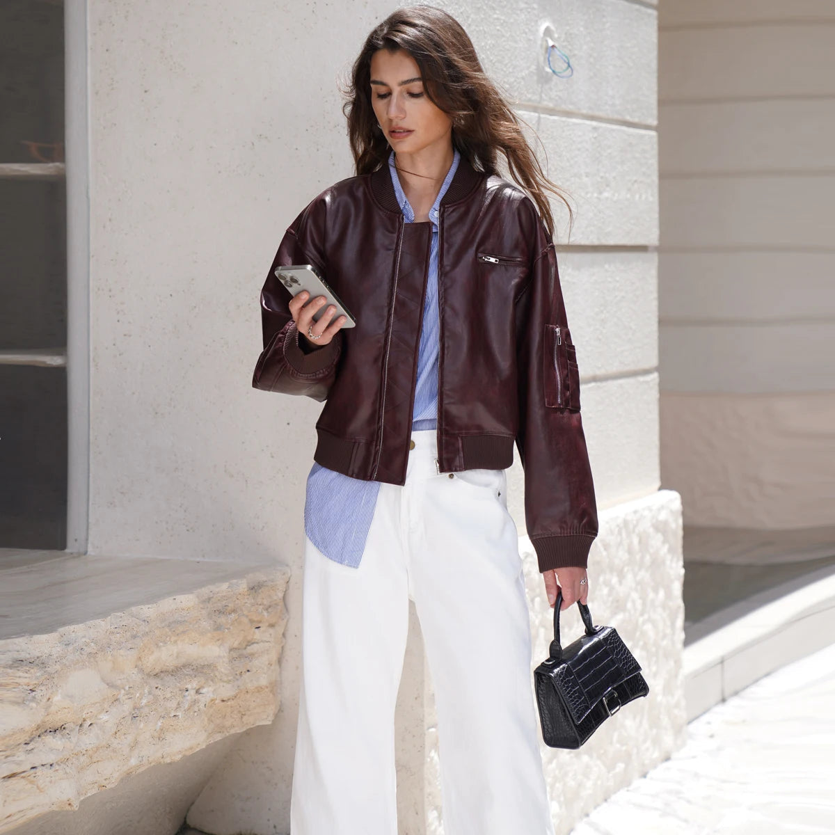 Aiertu  -  2026 Women Stylish Autumn Pu Leather Bomber Jacket Wine red, Brown Coat Aiertu