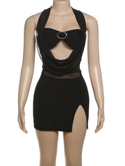 Aiertu  -  Sexy Frenulum Women Dress Mesh Halter Patchwork Wrap Chest Buckle Hollow Backless Sleeveless Swing Collar Mini Bodycon Aiertu