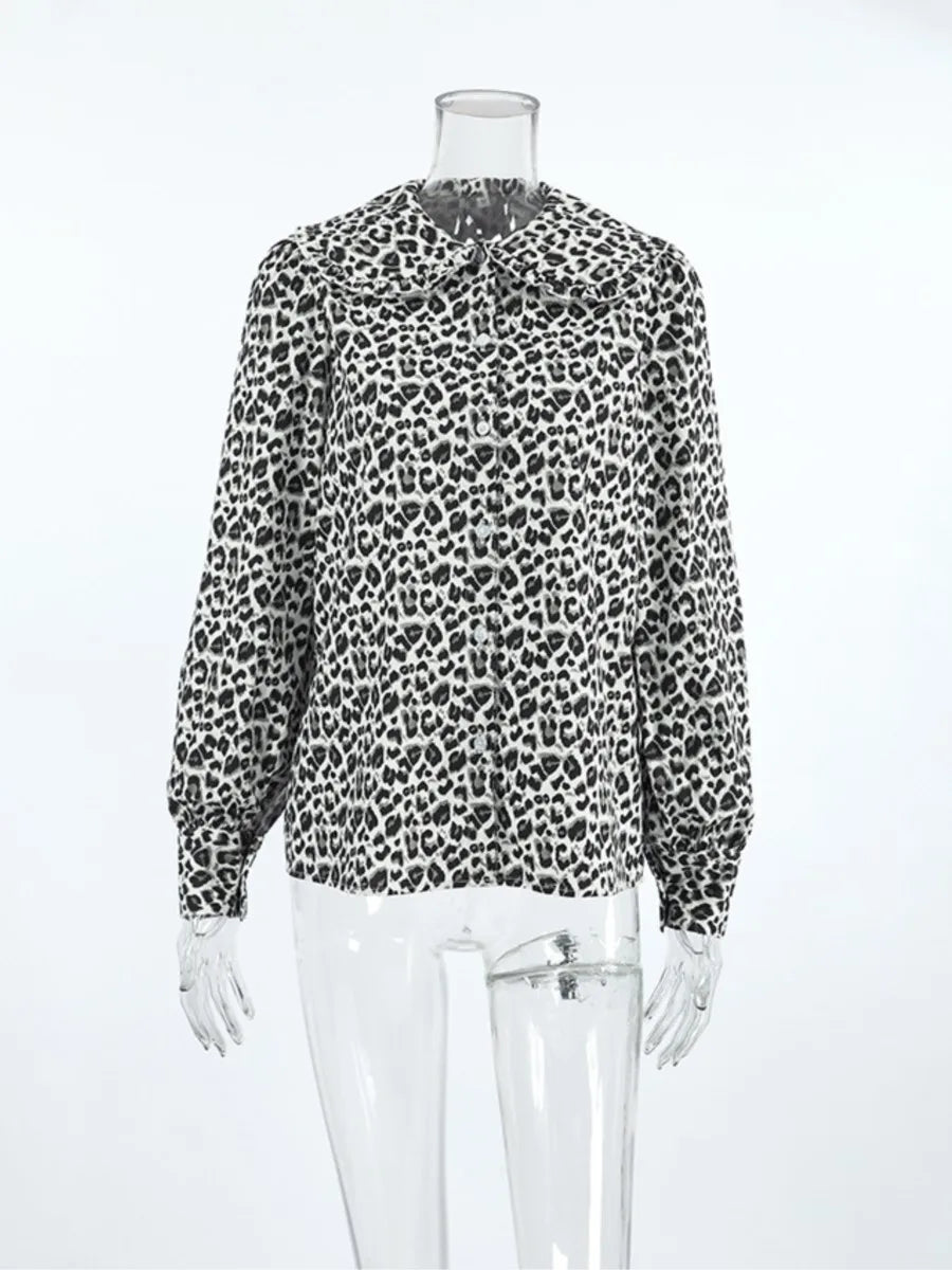 Aiertu  -  Spring Leopard Casual Shirts For Women Peter Pan Collar Long Sleeve Blouse Streetwear Vintage Single Breasted Blouses 2025 New Aiertu