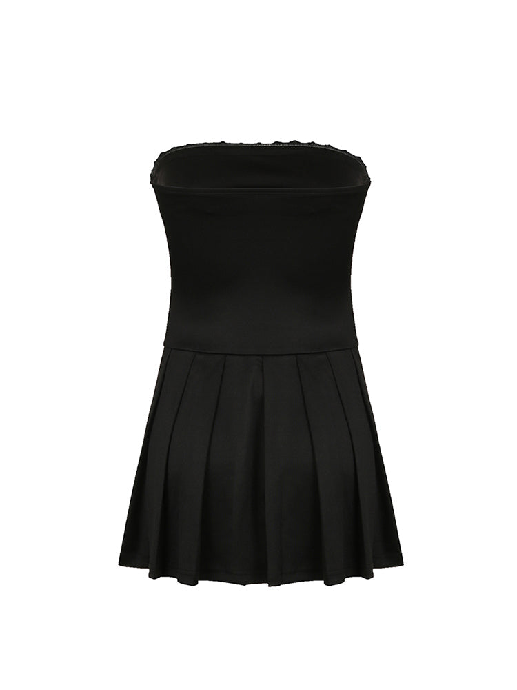 Aiertu - summer inspo Korean Fashion Contrast Tie Bow Strapless A Line Pleated Dress Women Cute Sweet Kawaii Clothing Aiertu