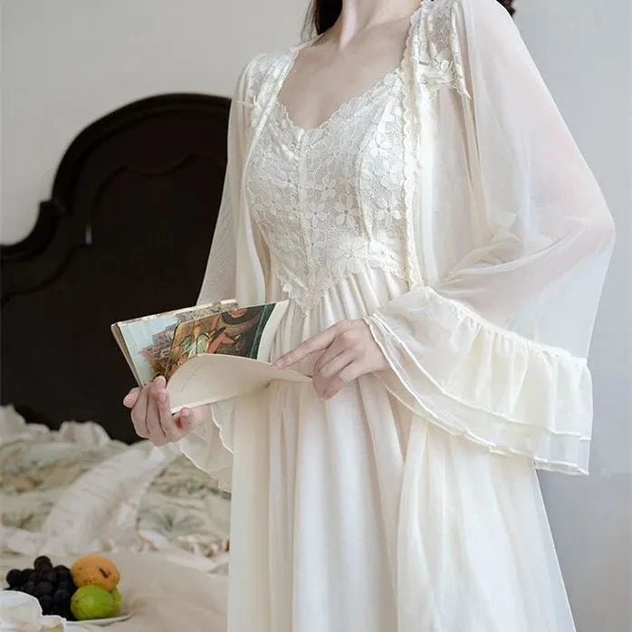 Aiertu  -  Sexy Womens Nightdress Lace Princess Nightgowns Slip Vintage Lady Women 2 Pcs Robe Set Autumn Pajama Sleepwear Bathrobe Home Set Aiertu