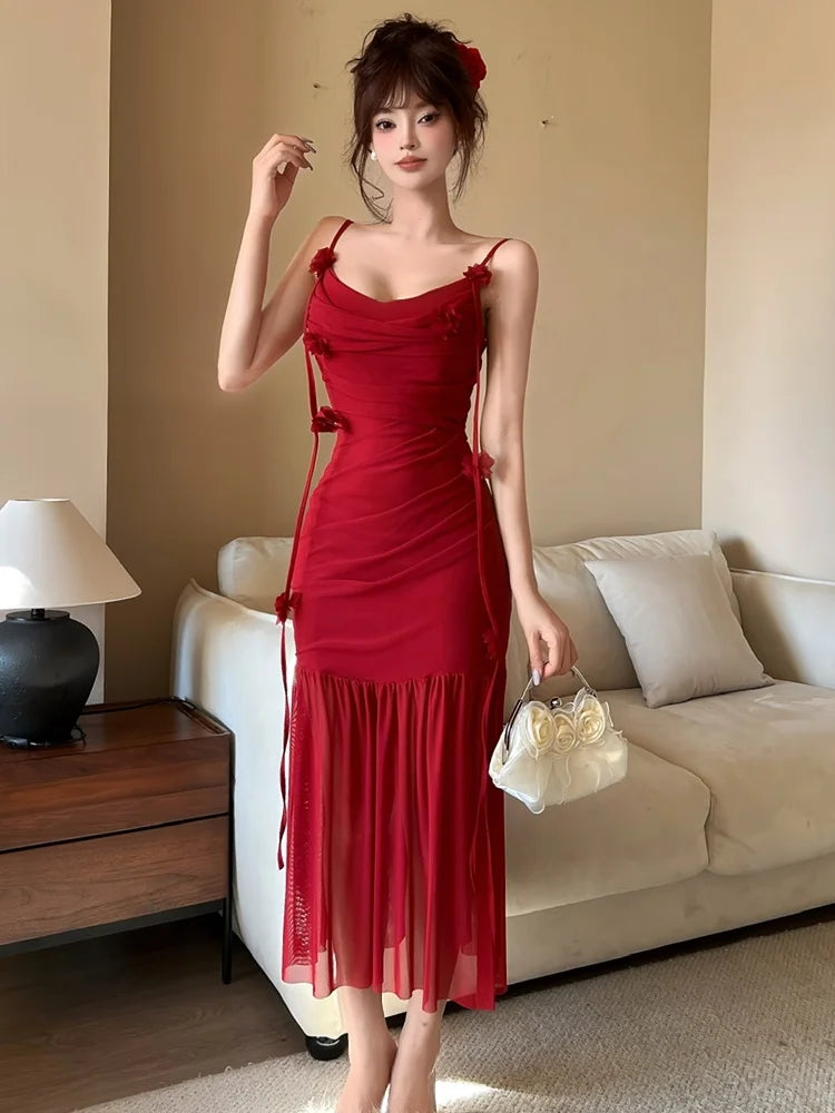 Aiertu  -  Sexy Spaghetti Strap Womens Dresses French Elegant Swinging Collar Birthday Party Midi Dress Female Slim Waist Vestidos Mujer Aiertu