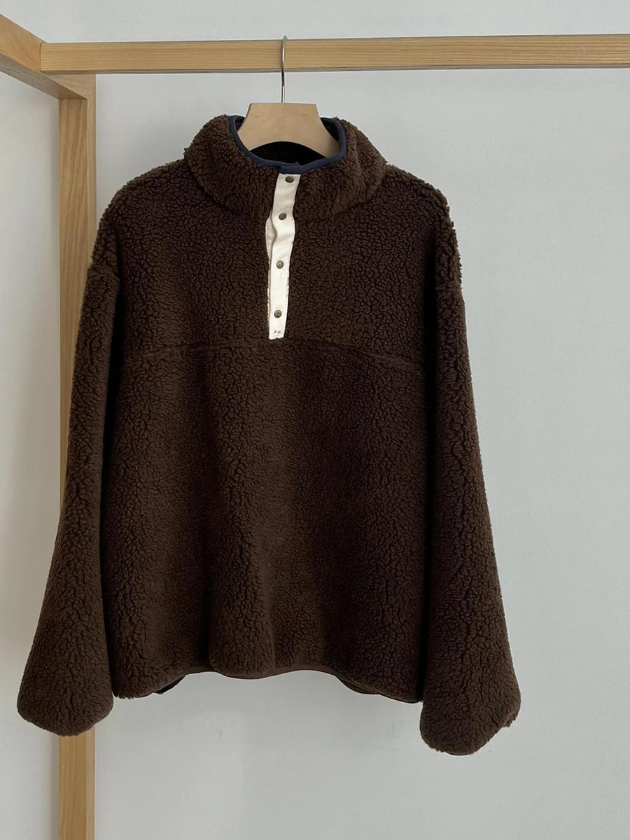 Aiertu  -  Korean Fashion Solid Lambswool Sweatshirt Women Winter New Buttons Collar Warm Pullover Vintage Loose Long Sleeve Sweatshirts Aiertu