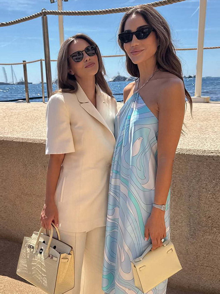 Aiertu  Beach Print Halter Dress For Women Sexy Sleevless Backless Long Dresses Female 2025 Summer Fashion Loose Holiday Lady Robe Aiertu