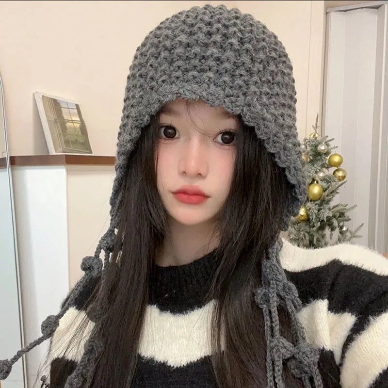 Aiertu  -  Winter Handmade Beanies for Women Fashion Tassel Thickened Warm Knitted Pullover Hat Outdoor Ear Protection Strap Woolen Bonnets Aiertu