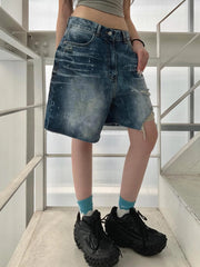 Aiertu  -  Distressed Ripped Denim Pants Summer Casual Low Rise Loose Wide Leg Midi Pants for Women Streetwear Short Denim Trousers Aiertu