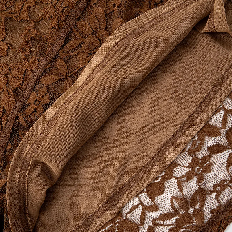 Aiertu  -  New Brown Lace Print High Waist Long Skirt Suit Women Sexy Off Shoulder Slim Short 2 Piece Set Summer New Party Holiday Outfits Aiertu