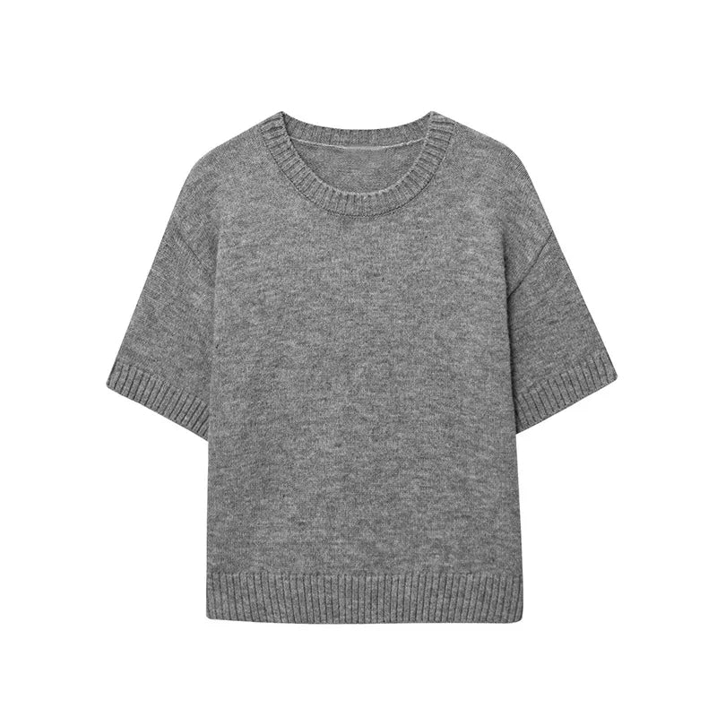 Aiertu  -  Chic Gray Short Sleeve Pullovers For Women Elegant Round Neck Slim Sweaters Female Vacation Beach Party Lady Chic Street Tops Aiertu