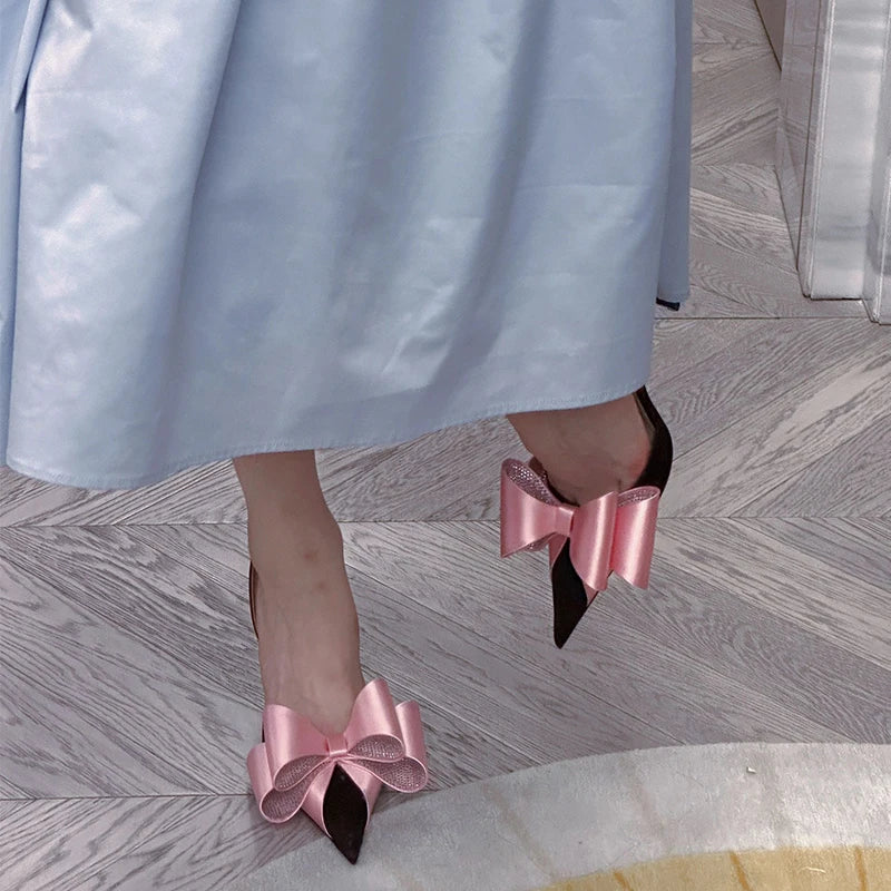 Aiertu  -  Bow Satin Stilettos New Women Point Toe Thin High Heel Slingbacks Elegant Sweet Pumps Sandals Shoes For Woman Aiertu
