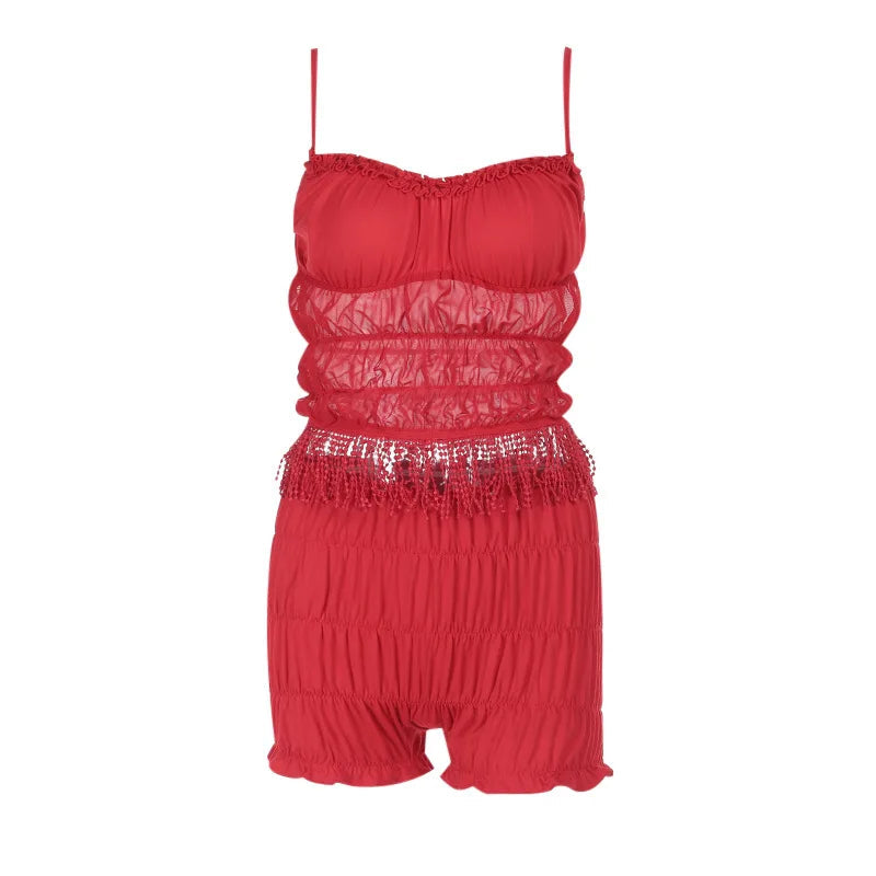 Aiertu  -  2 Piece Sets Woman Outfit Sexy Fringed Ruched Mesh Top and Shorts Solid Matching Sets Summer Wear 2025 P66-FZ18 Aiertu