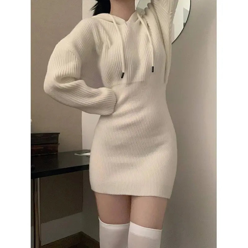 Aiertu Hooded Knitted Dress for Women Sweater Bottoming Short Skirt Aiertu