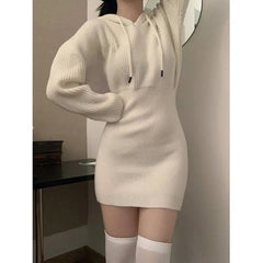 Aiertu Hooded Knitted Dress for Women Sweater Bottoming Short Skirt Aiertu