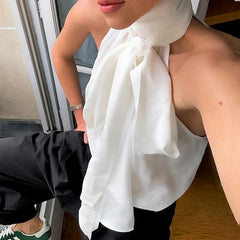 Aiertu  -  Fashion Elegant White Bow Lace Up Halter Neck Vest Top Women's Sleeveless Turtleneck Summer New Vest Pullover Streetwear Aiertu