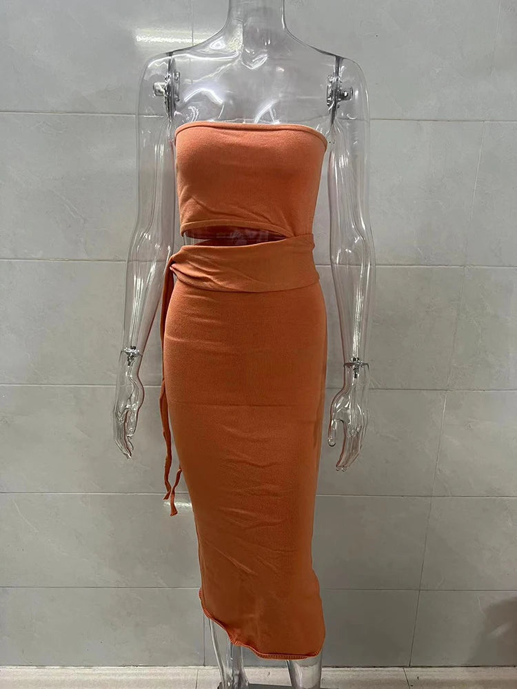 Aiertu  -  Y2K Women Wrap Hip Lace Up Knitwears Dress Fashion Knitted Strapless Dress Cut Out Bandage Bodycon Midi Slit Tube Top Dresses Aiertu