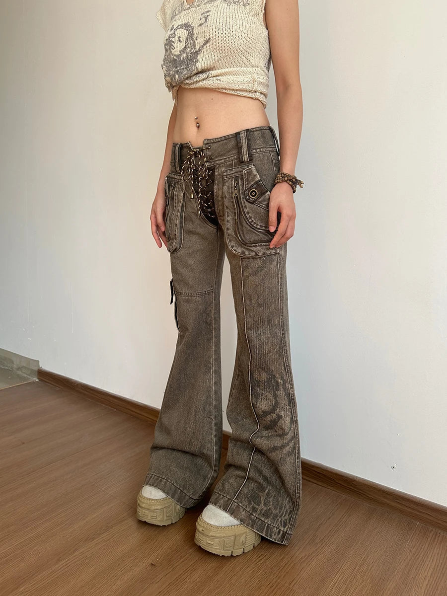 Aiertu  -  Cowgirl Lace Up Low Waist Cargo Jeans Do Old Zipper Decor Distressed Brown Boot Cut Pants 90s Retro Women Streetwear Aiertu