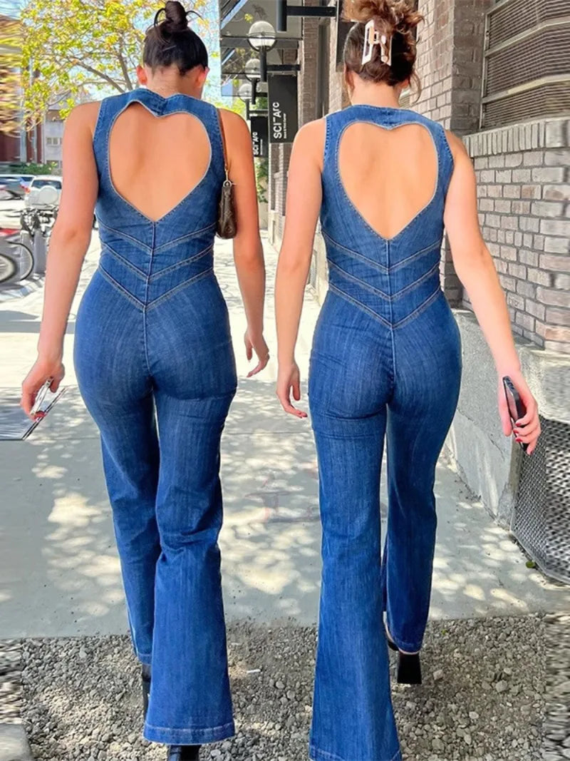 Aiertu  -  2026 Summer Sleeveless Zip-up High Waist Denim Jumpsuits Streetwear Vintage Women's Loving Heart Backless Tunics Jeans Overalls Aiertu