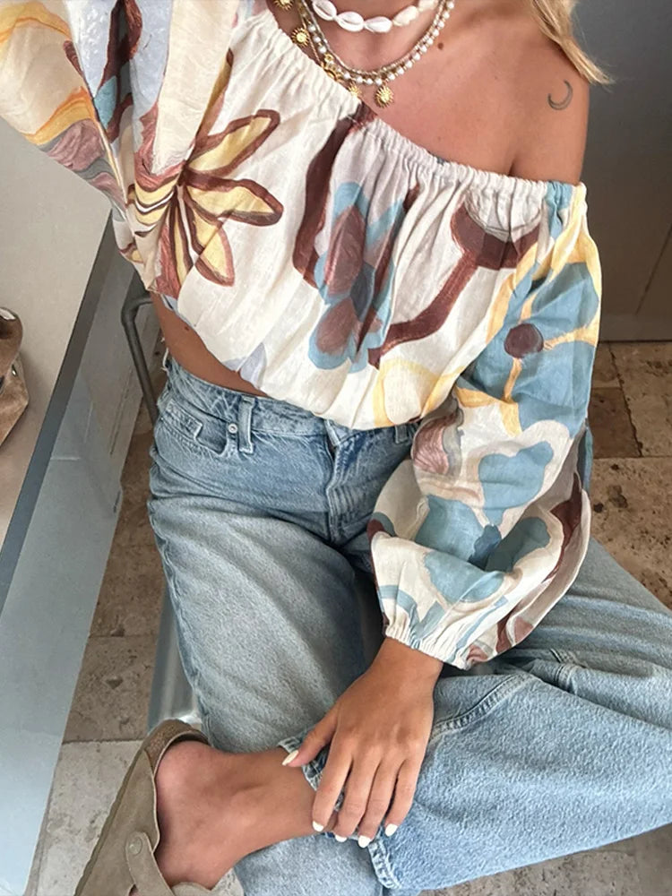 Aiertu  -  Off Shoulder Printed Top Half Skirt Women 2PCS Set Lantern Sleeve Pleated Crop Fluffy Blouse Pullover High Waisted Long Skirts Aiertu