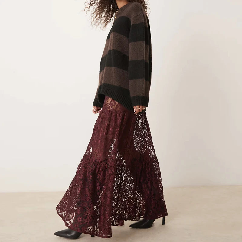 Aiertu  -  New Lace Embroidery Women's Half Skirts Elegant Hollow Perspective Solid Long Skirts fashion All Match Club Party Elastic Skirts Aiertu