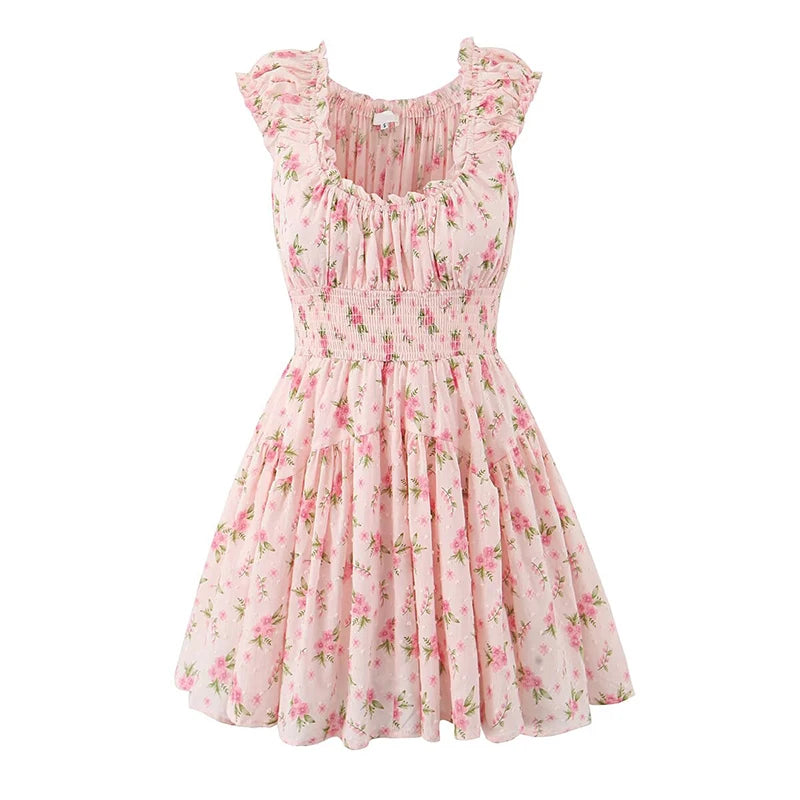 Aiertu  -  Sexy Off Shoulder Pink Floral Print Dress For Women Short Sleeve Elastic Waist Summer Mini Dresses Holiday Robe Aiertu