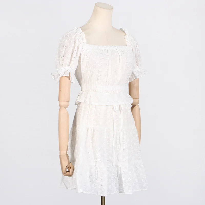 Aiertu  -  Hollow Out Embroidery Skirts Sets Women Off Shoulder Cropped Top+drawstring Mini Skirt 2025 New White Elegant Casual 2 Piece Set Aiertu