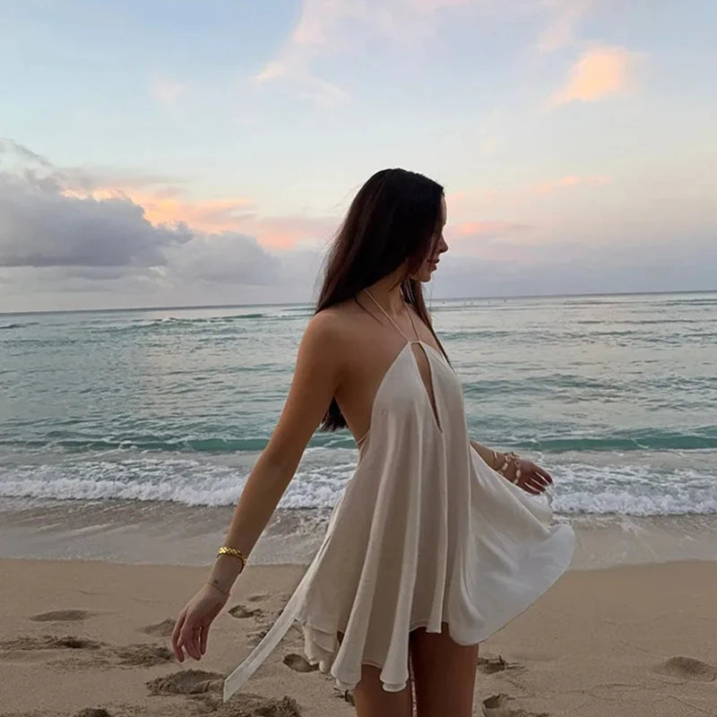 Aiertu  -  Sexy Halter Party Solid Dresses Women Sleeveless Backless Hollow Out Beach Dress Lady Dresses 2025 Summer Lady Beach Robes Aiertu