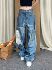 Aiertu  -  American Patchwork Design Patch Print Baggy Jeans Y2K Retro Blue Wash Loose Hot Girl Street Casual High Waist Wide Leg Jeans Aiertu