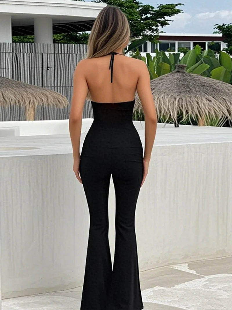 Aiertu  -  Women's Summer Full Length Flare Pants Jumpsuits 2025 Elegant Halter Backless Lace Patchwork Black Overalls Female High Street Aiertu